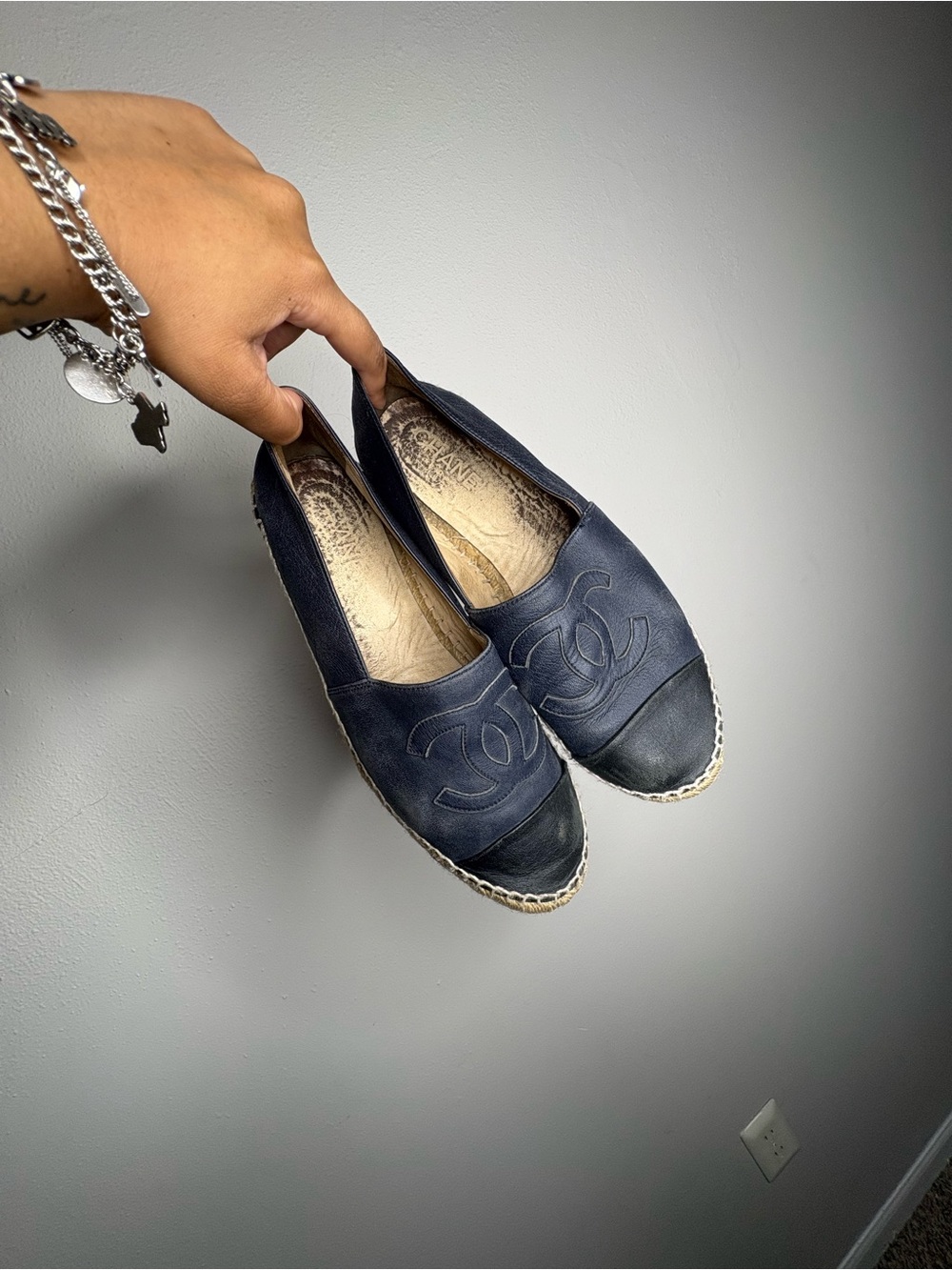 CHANEL Navy Leather Espadrille Flats